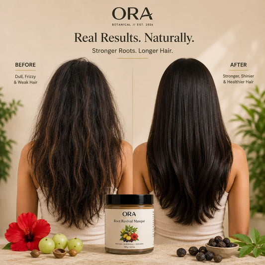 Before and after hair transformation with botanical root revival masque for stronger, shinier hair